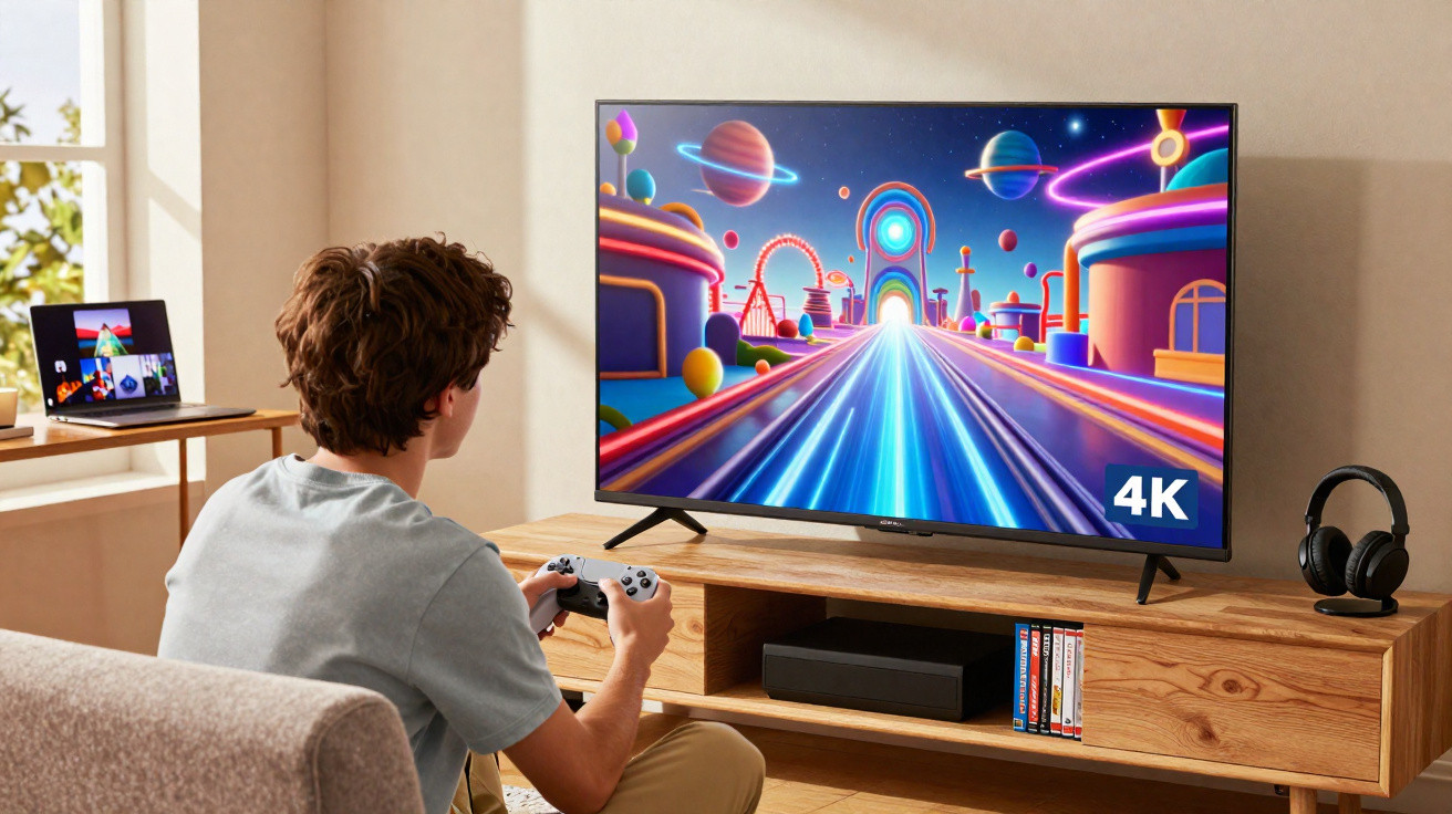 Jovem sentado no sofá jogando videogame em TV 4K com imagem colorida futurista em sala iluminada.