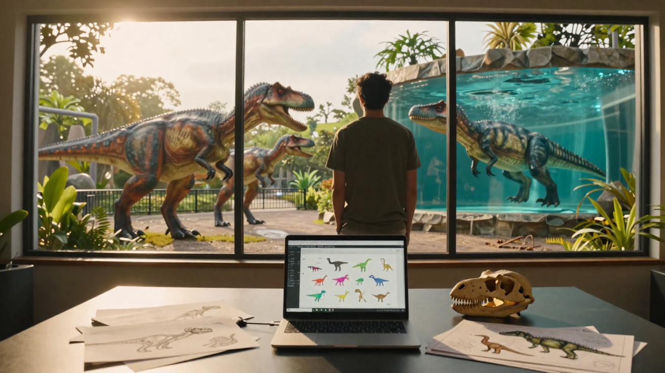 Garoto observa dinossauros realistas por janela, com desenhos e esqueleto na mesa à frente.