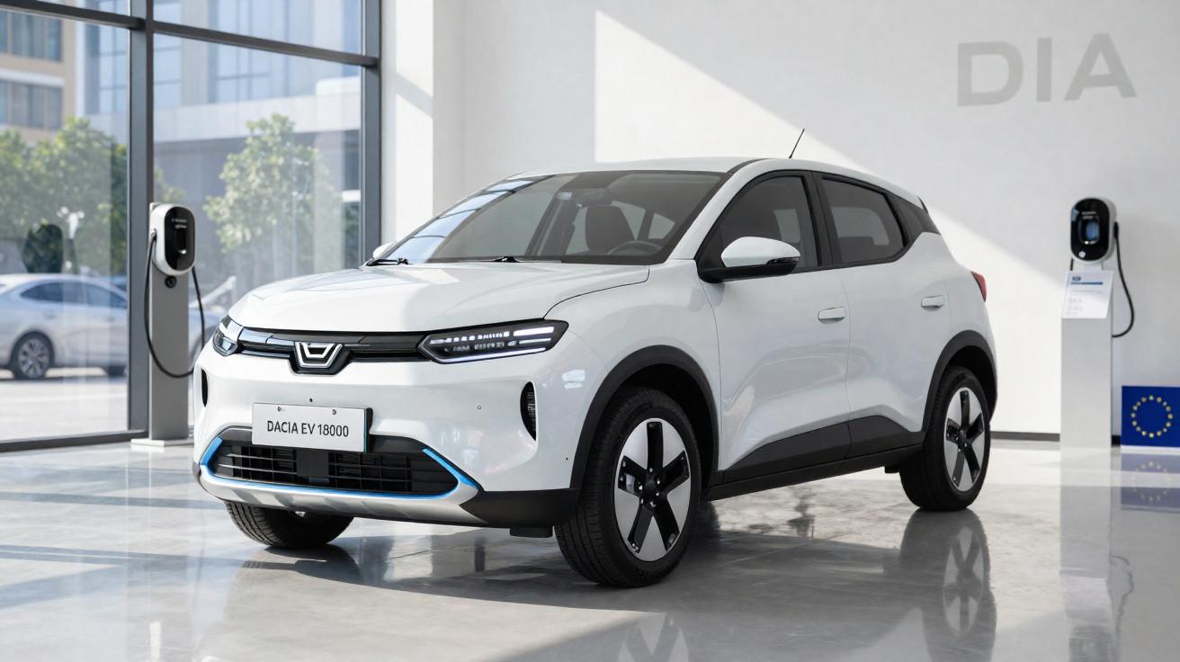 Carro elétrico branco Dacia EV 18000 em showroom moderno com estação de recarga ao fundo.