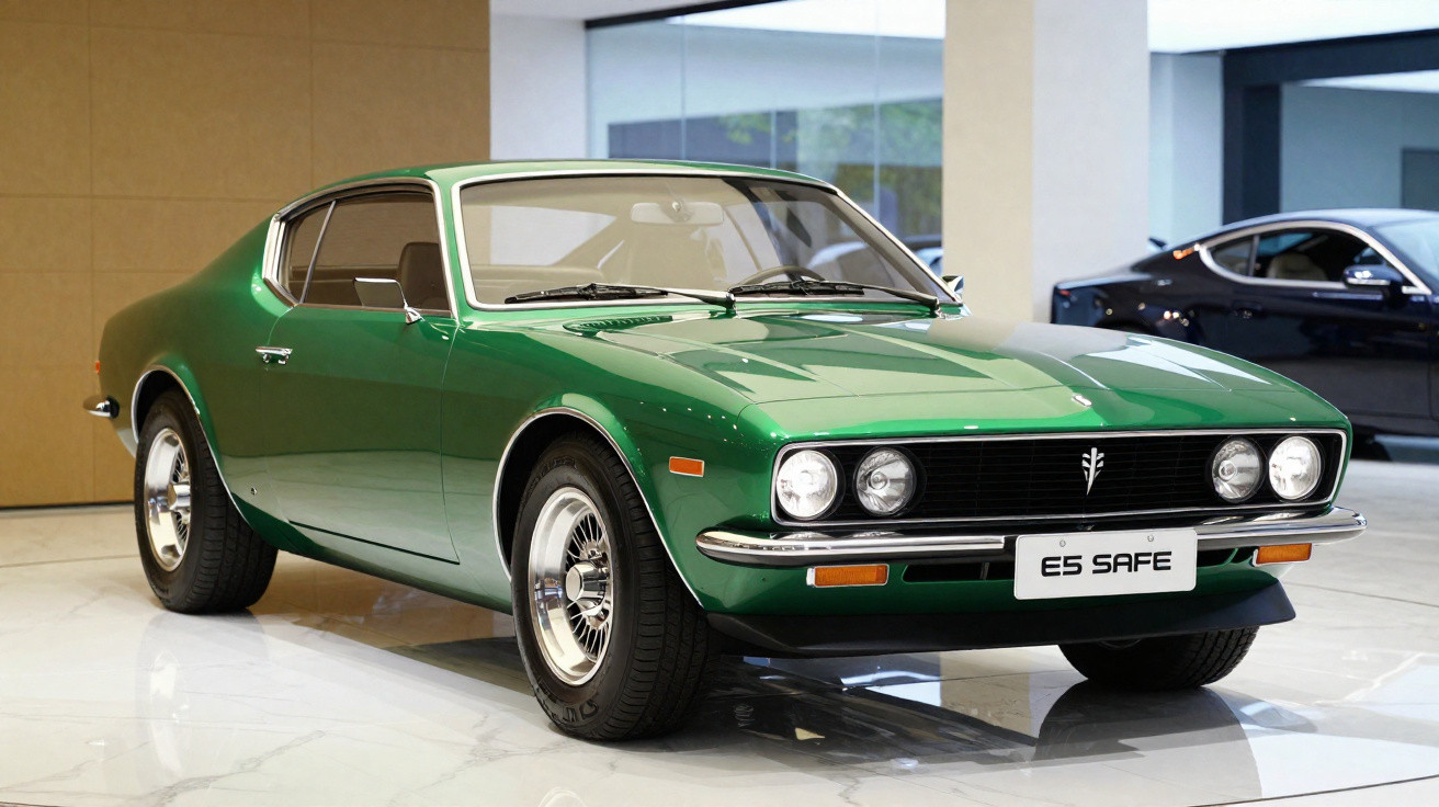 Carro clássico verde com design esportivo, faróis duplos e placa escrita ES SAFE em showroom.