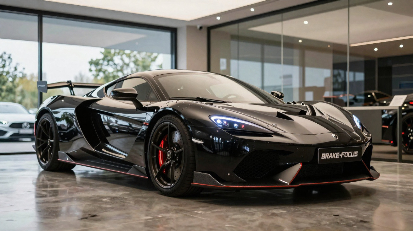 Carro esportivo preto com design aerodinâmico em showroom moderno com piso de concreto polido.