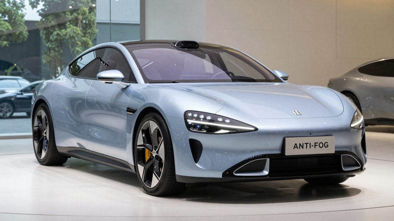Carro esportivo elétrico cinza claro em exposição, com design moderno e placa "ANTI-FOG" na frente.