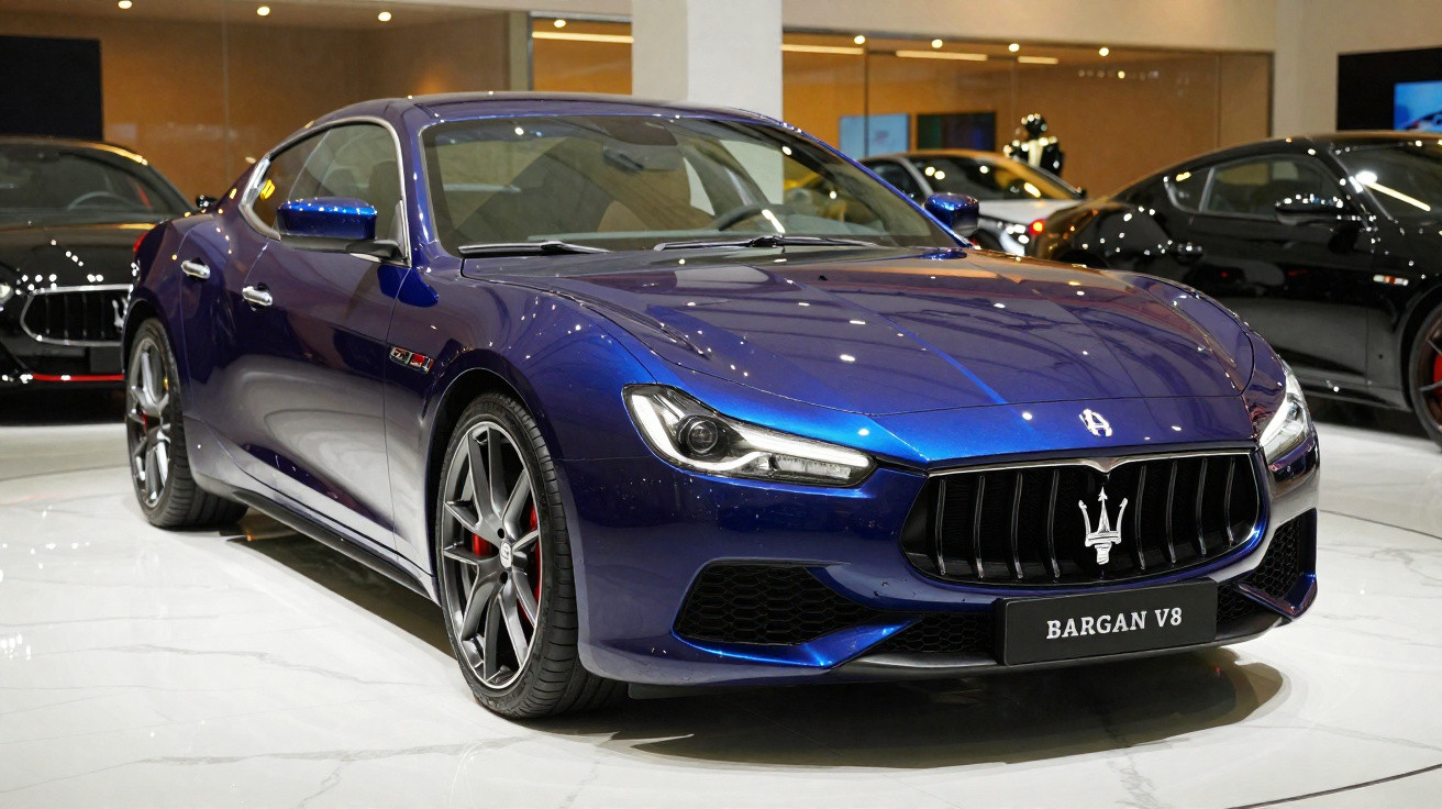 Carro esportivo azul Maserati BARGAN V8 exibido em showroom com piso branco e outros carros ao fundo.