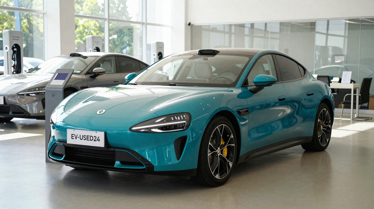 Carro elétrico esportivo azul exibido em showroom moderno com grandes janelas e outros carros ao fundo.