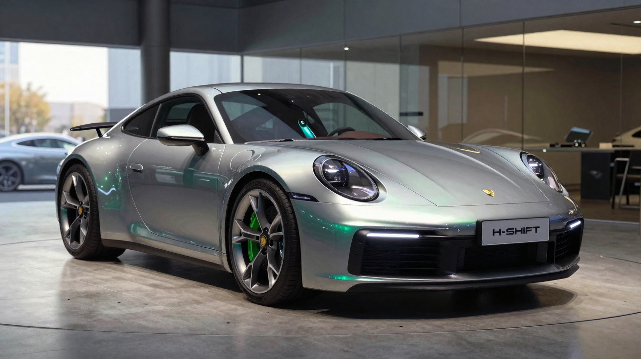 Carro esportivo prata Porsche 911 em exposição interna com iluminação refletida no chão de concreto.
