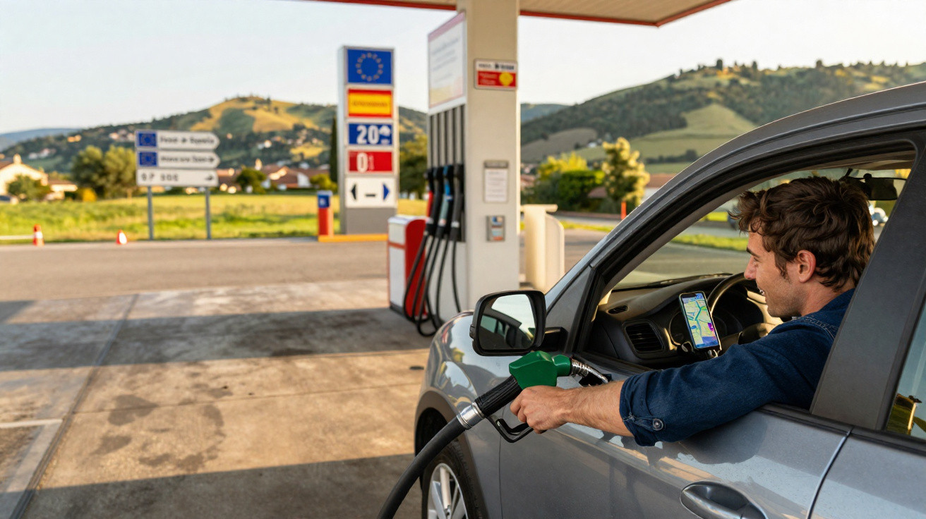 Homem abastecendo carro em posto de gasolina com montanhas ao fundo em dia ensolarado.