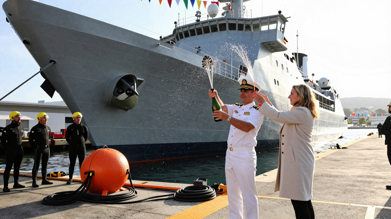 Oficial da marinha e mulher estouram champanhe celebrando com navio atracado ao fundo.
