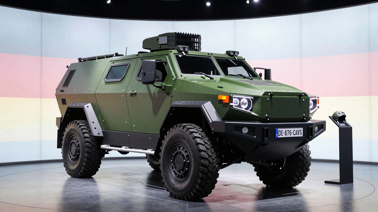 Veículo militar blindado verde com pneus grandes exibido em ambiente interno iluminado.