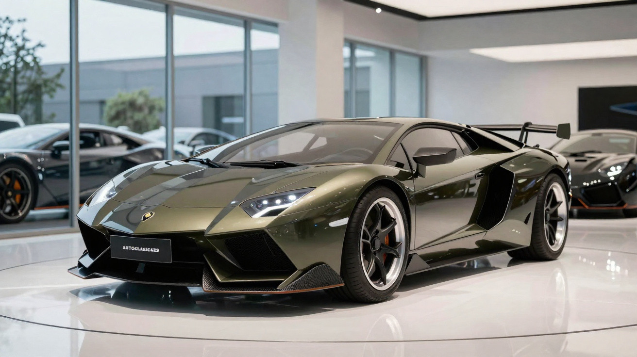 Carro esportivo Lamborghini verde metálico exibido em showroom moderno com janelas grandes.