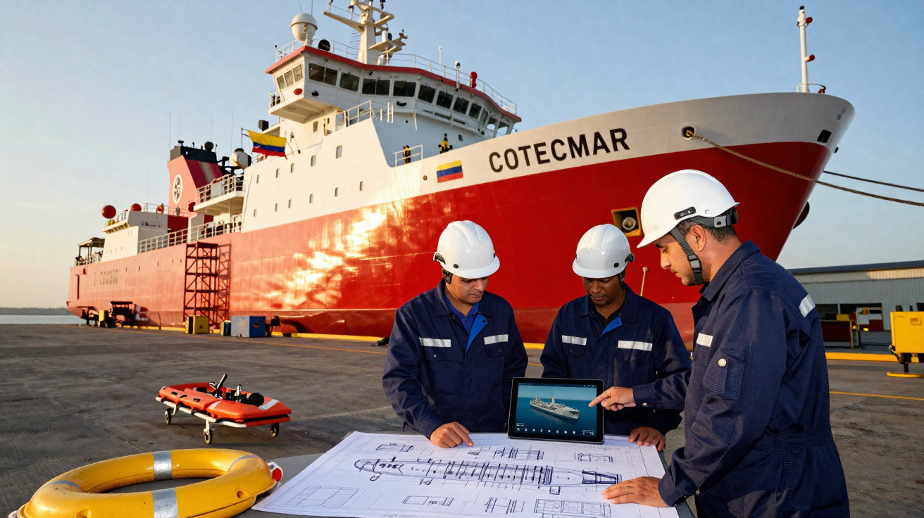 Três trabalhadores com capacetes revisam plantas ao ar livre, com navio vermelho e branco "COTECMAR" ao fundo.