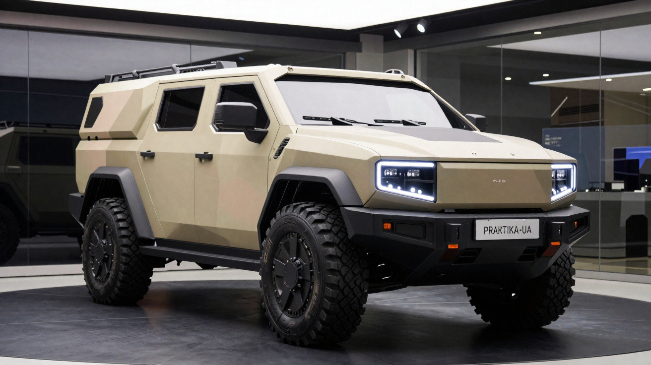 Veículo blindado tático bege com faróis em LED e pneus off-road exibido em salão de automóveis.