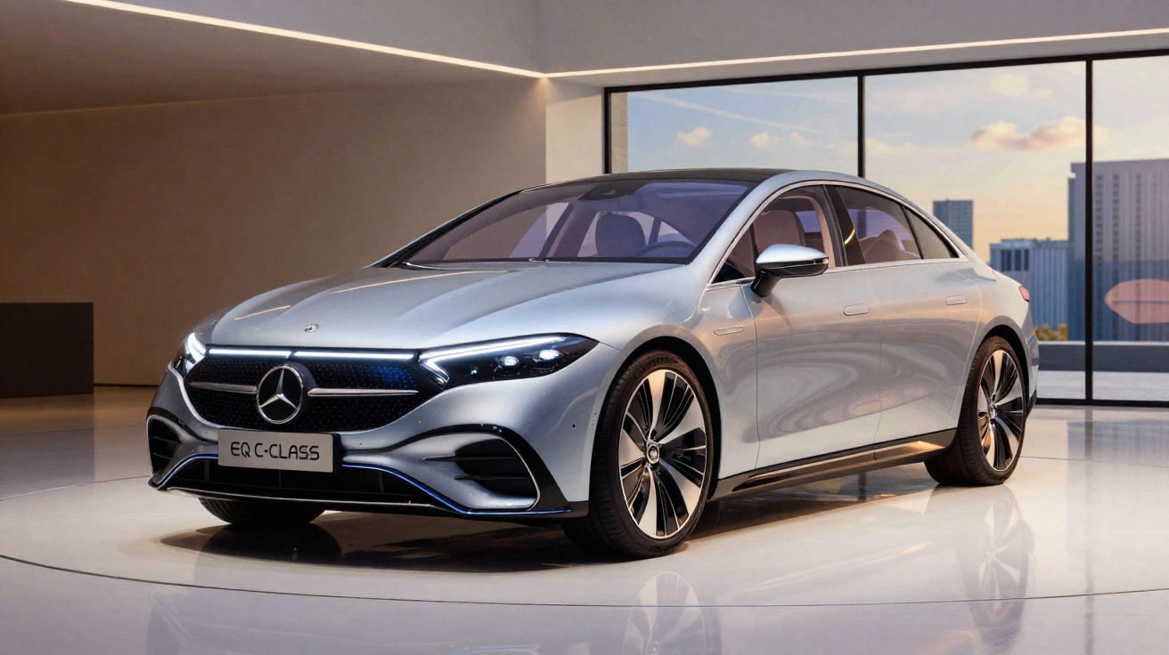 Carro elétrico Mercedes-Benz EQ C-Class prata exibido em showroom moderno com grandes janelas.