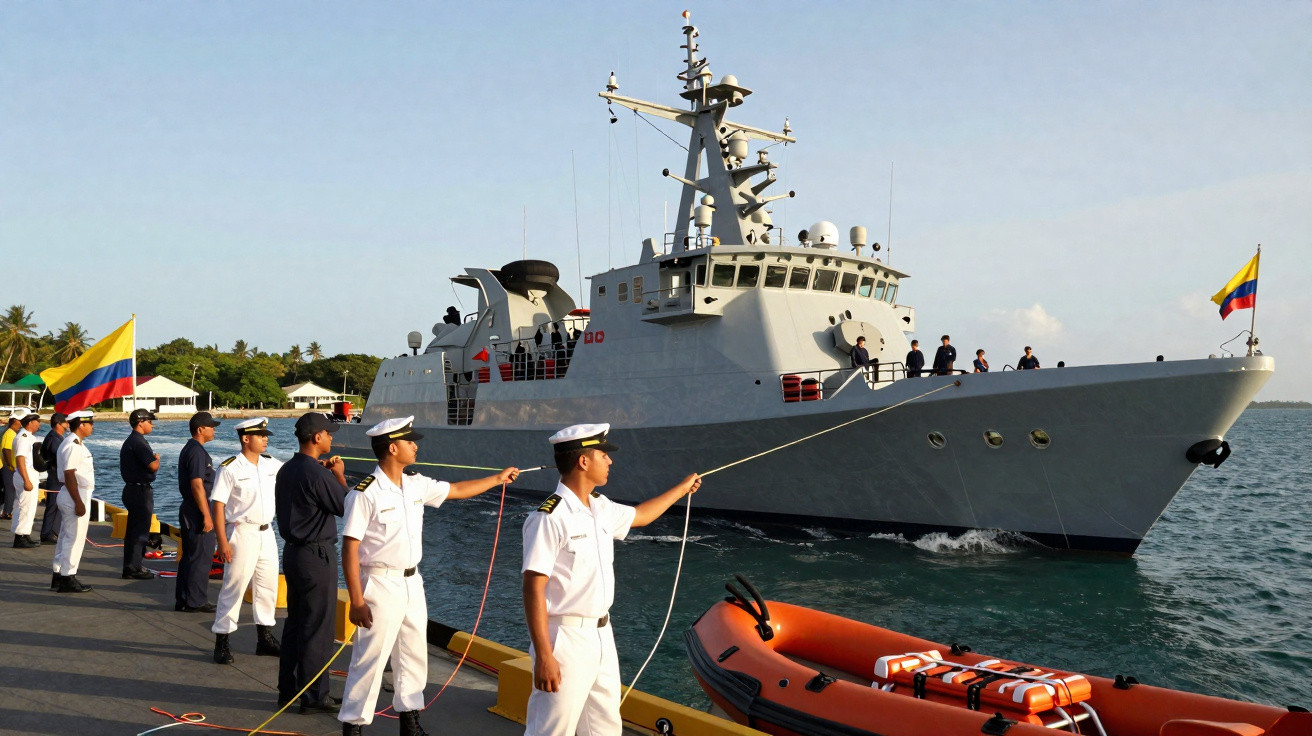 Marinheiros em uniforme seguram cordas no cais enquanto navio militar colombiano está ancorado no mar.