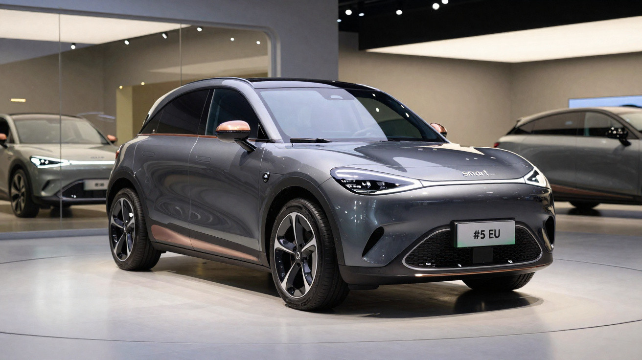 Carro elétrico Smart cinza em exposição, com design moderno e faróis em LED.