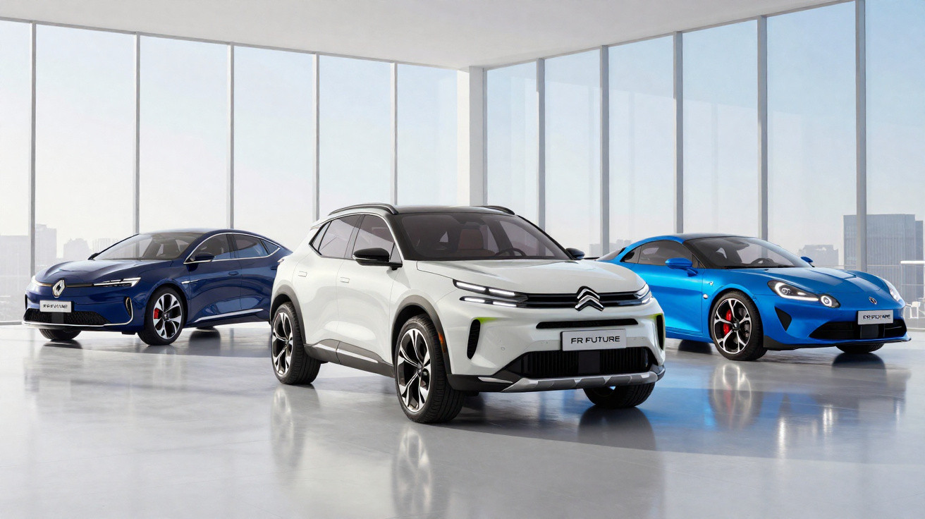 Três carros modernos em um showroom iluminado, incluindo SUV branco e sedãs esportivos azul e azul escuro.