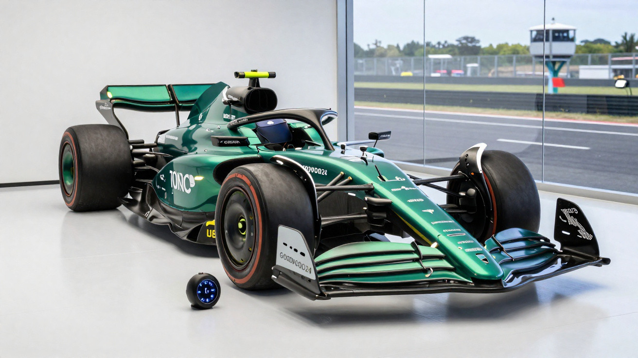 Carro de corrida de Fórmula 1 verde escuro em garagem com janela para pista ao fundo.