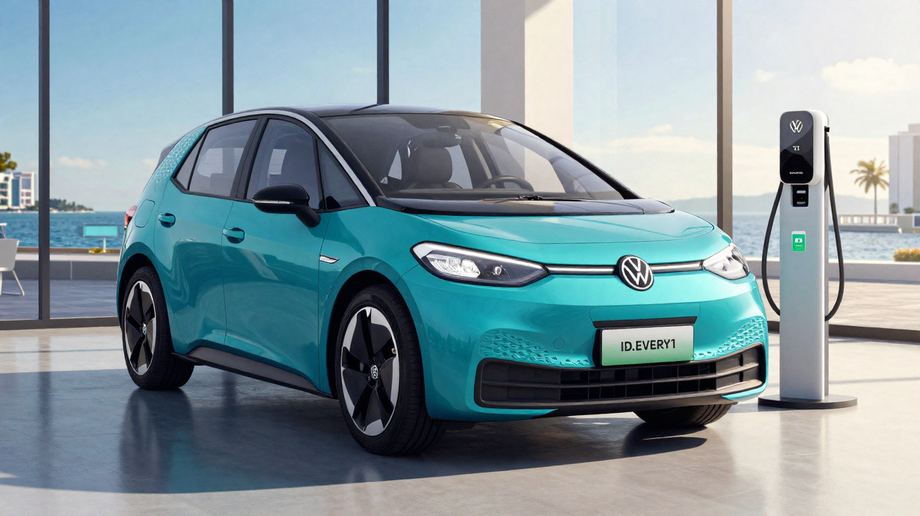 Carro elétrico Volkswagen ID.3 azul em estação de recarga em ambiente moderno com vista para o mar.