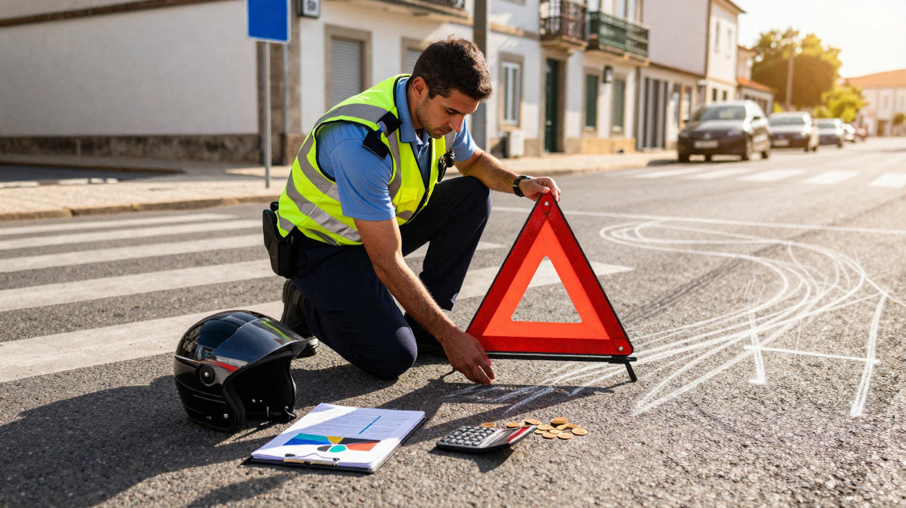 Policial de trânsito coloca triângulo de segurança em acidente com motocicleta em rua urbana.