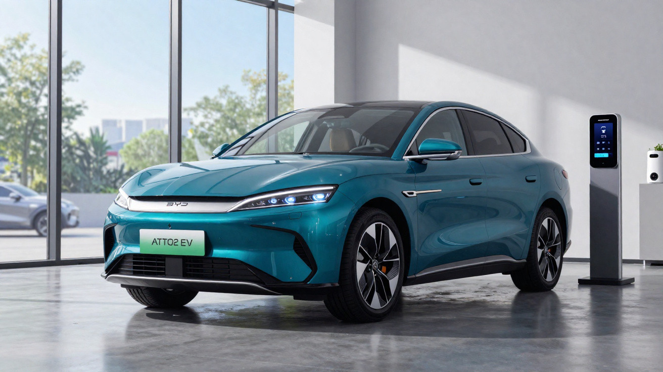 Carro elétrico azul estacionado em showroom junto a estação de carregamento.