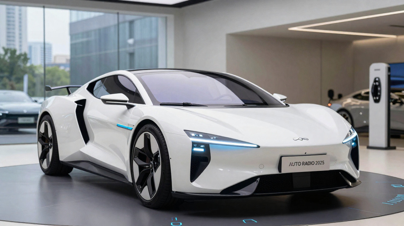 Carro esportivo elétrico branco em exposição moderna, modelo futurista com design aerodinâmico e luzes de LED.
