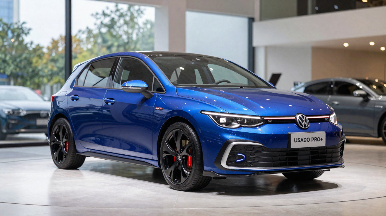 Carro Volkswagen azul metálico esportivo em exposição interna com placa Usado Pro+ em destaque.