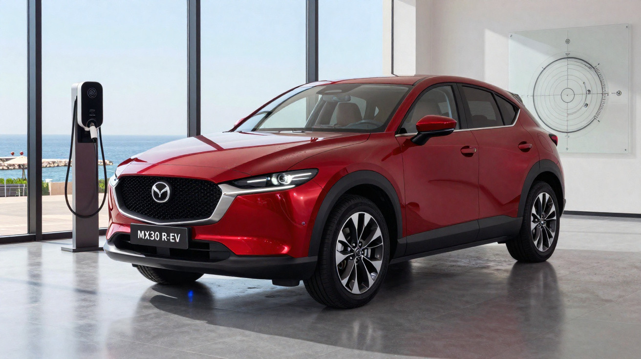 Carro elétrico vermelho Mazda MX-30 R-EV estacionado em showroom com estação de recarga ao lado.