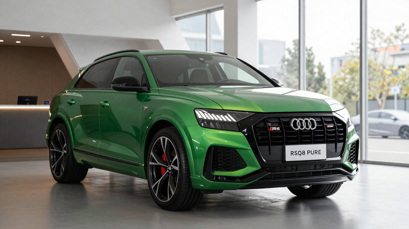 Carro SUV Audi RS Q8 PURE verde com detalhes em preto em exposição interna moderna.