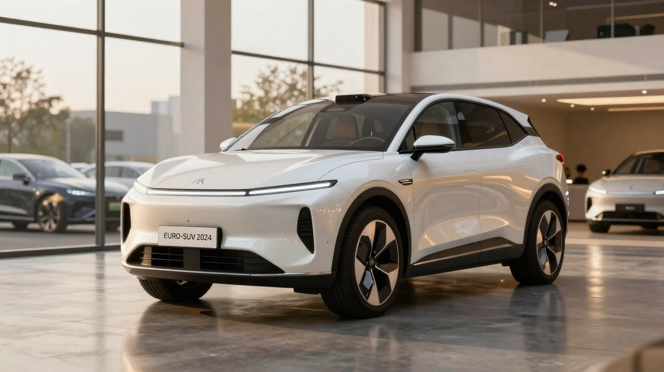 Carro SUV elétrico branco moderno em showroom com janelas grandes e piso de concreto polido.