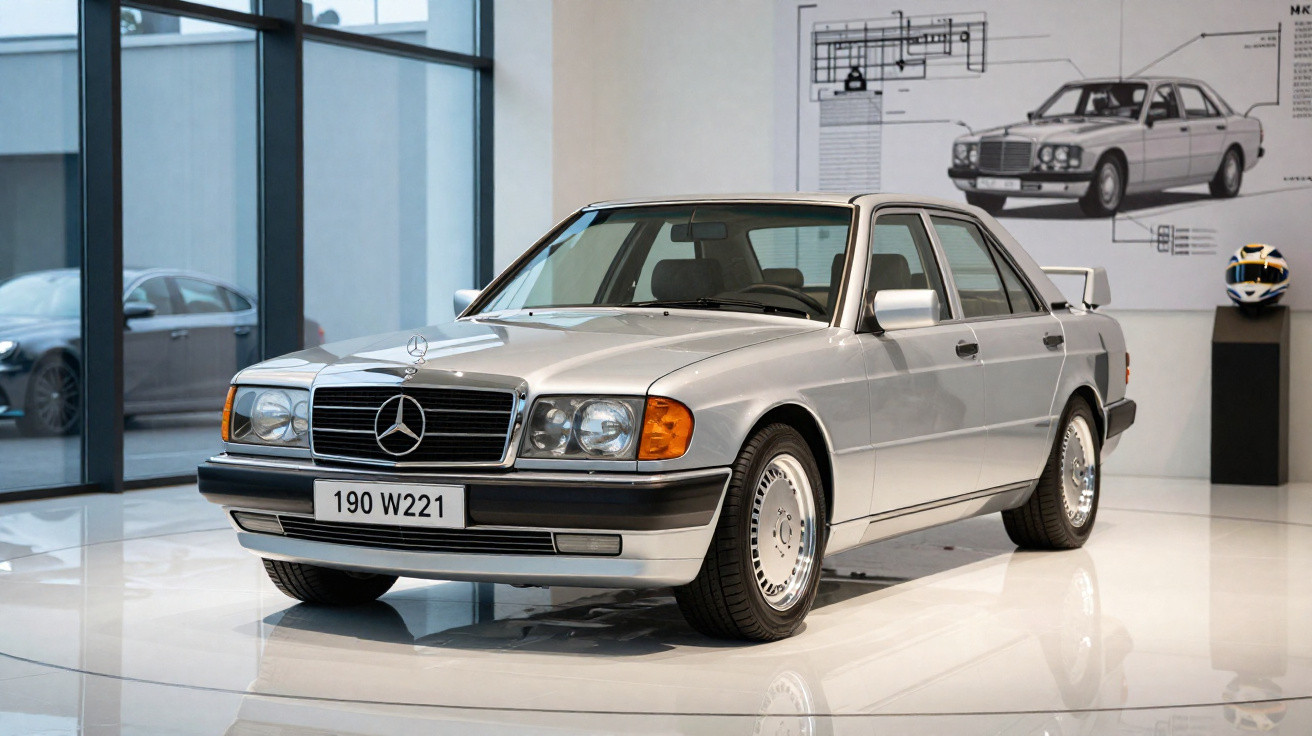 Carro Mercedes-Benz clássico prata exposto em museu com desenho técnico na parede ao fundo.