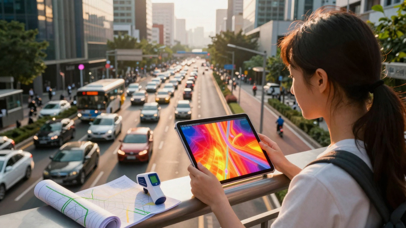 Jovem com mochila usando tablet em passarela sobre avenida movimentada no fim da tarde.