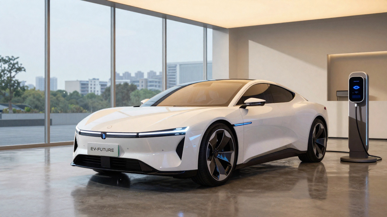 Carro elétrico branco moderno estacionado em área interna, próximo a ponto de recarga, com vista urbana ao fundo.