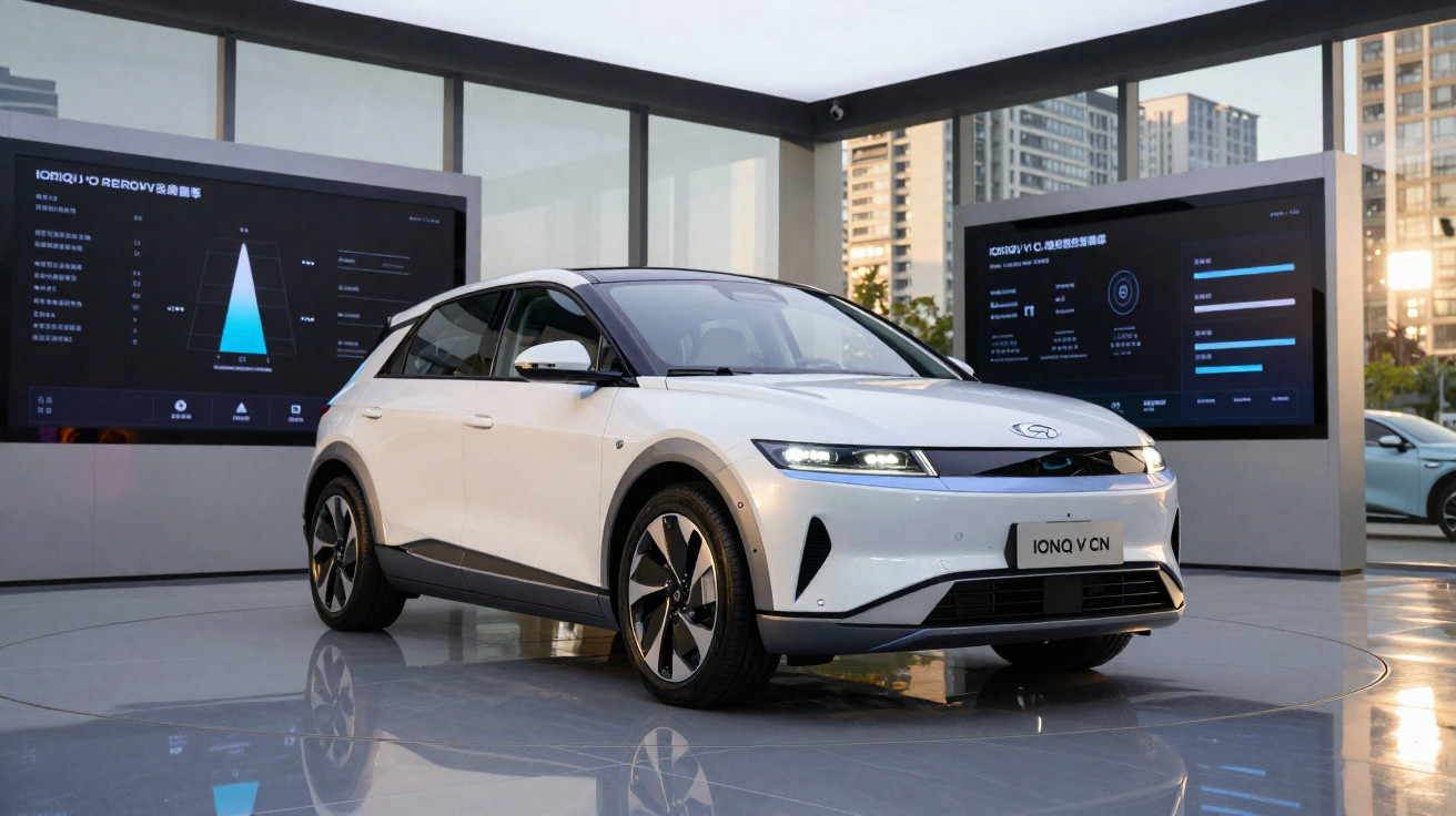 Carro elétrico branco IONIQ 5 em exposição em ambiente moderno com telas digitais ao fundo.