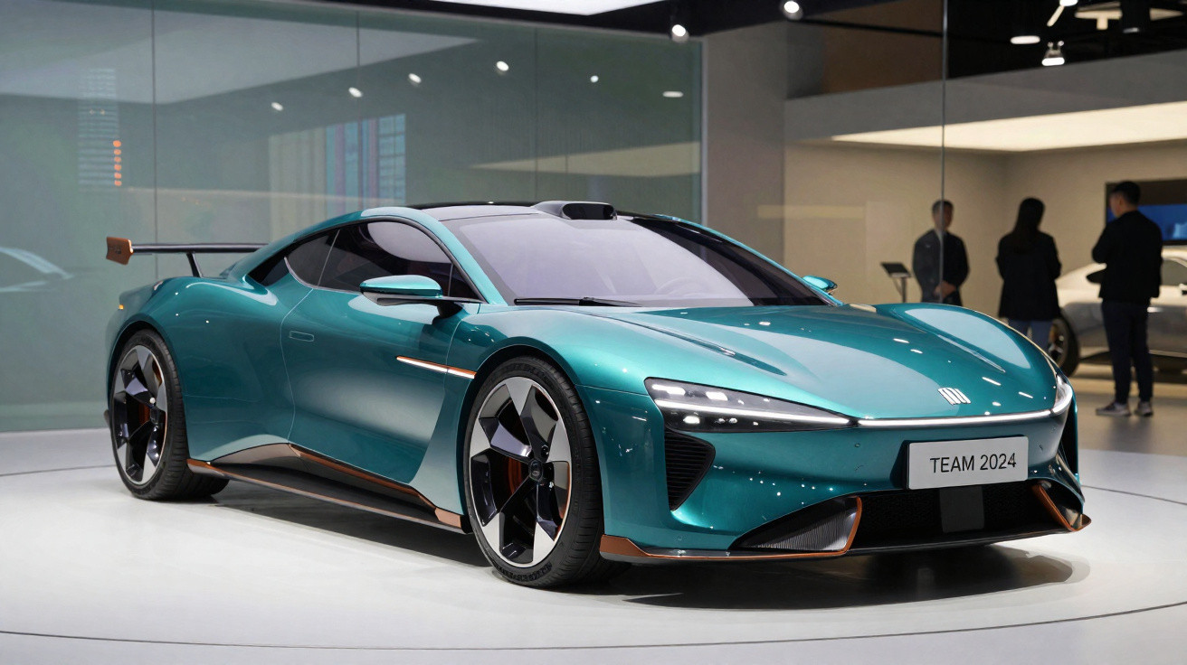 Carro esportivo elétrico verde metálico com design futurista em exposição interna.
