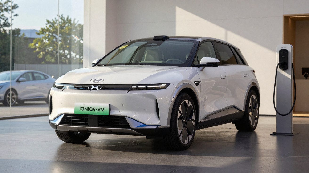 Carro elétrico Hyundai Ioniq 9 branco estacionado em sala com carregador elétrico ao lado.