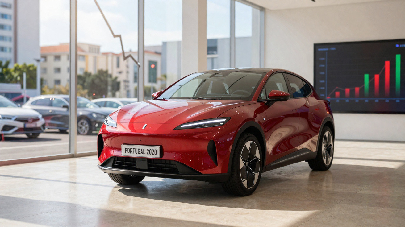 Carro elétrico vermelho exposto em show de automóveis com gráfico de vendas ao fundo.