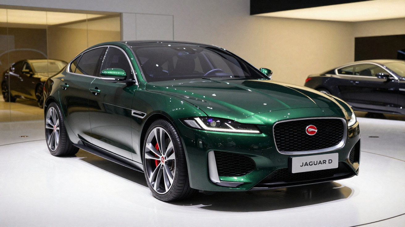 Carro esportivo verde Jaguar D em exposição com design moderno e faróis acesos.