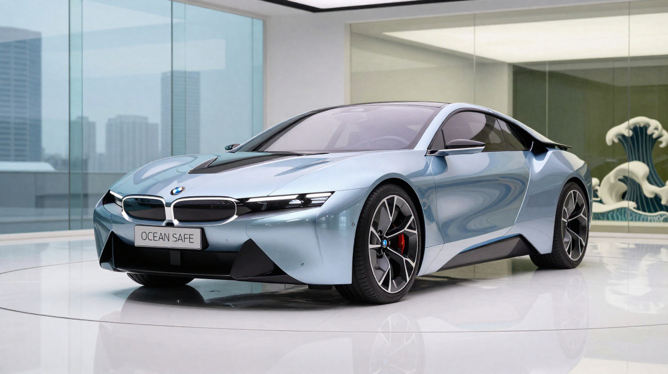 Carro esportivo BMW azul prateado em uma sala moderna com paredes de vidro e escultura ao fundo.