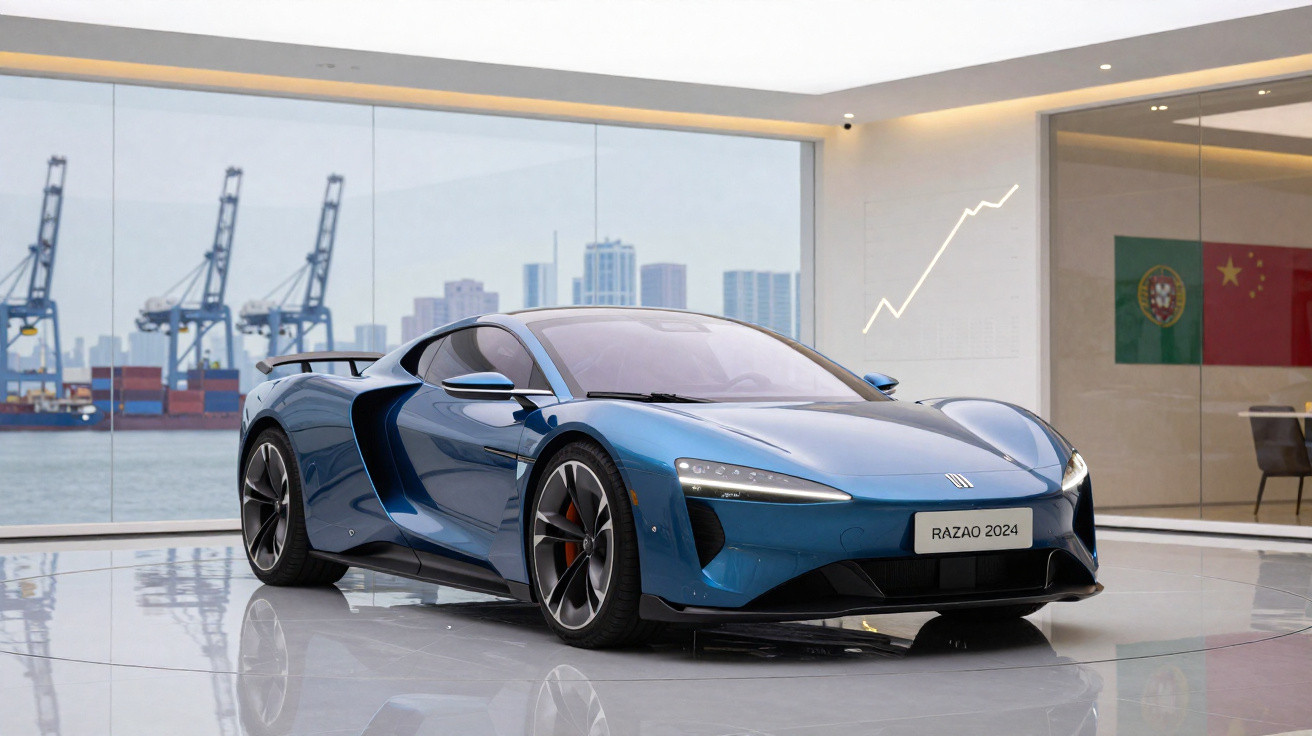Carro esportivo azul estacionado em showroom com vista para porto e edifícios ao fundo.