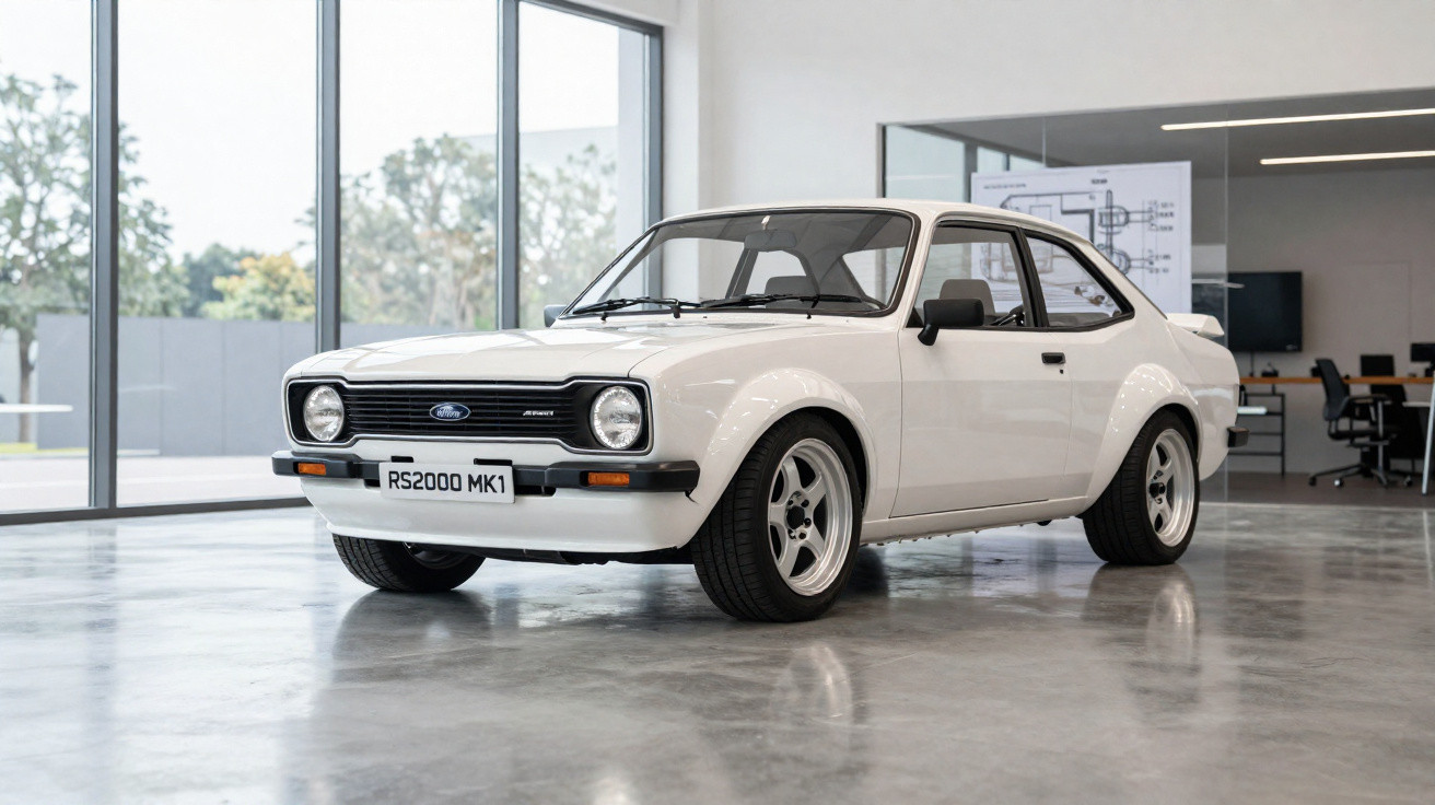 Carro clássico Ford RS2000 MK1 branco exibido em ambiente moderno e espaçoso com piso de concreto polido.
