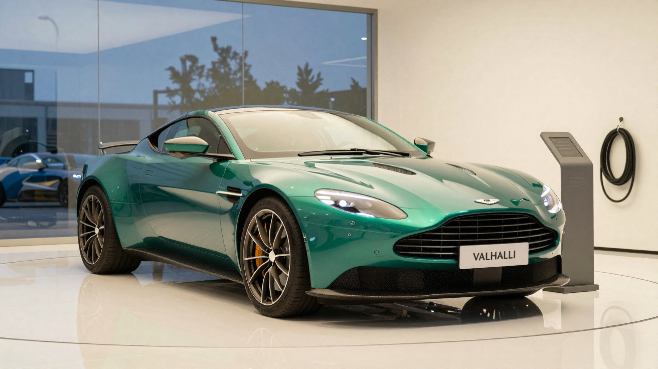 Carro esportivo verde Aston Martin Valhalla exibido em showroom moderno.