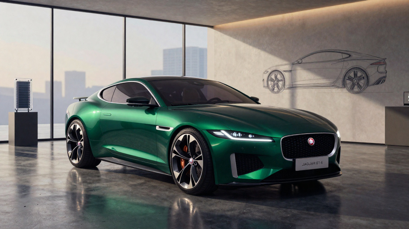 Carro esportivo verde Jaguar GT E estacionado em ambiente moderno com parede desenhada ao fundo.