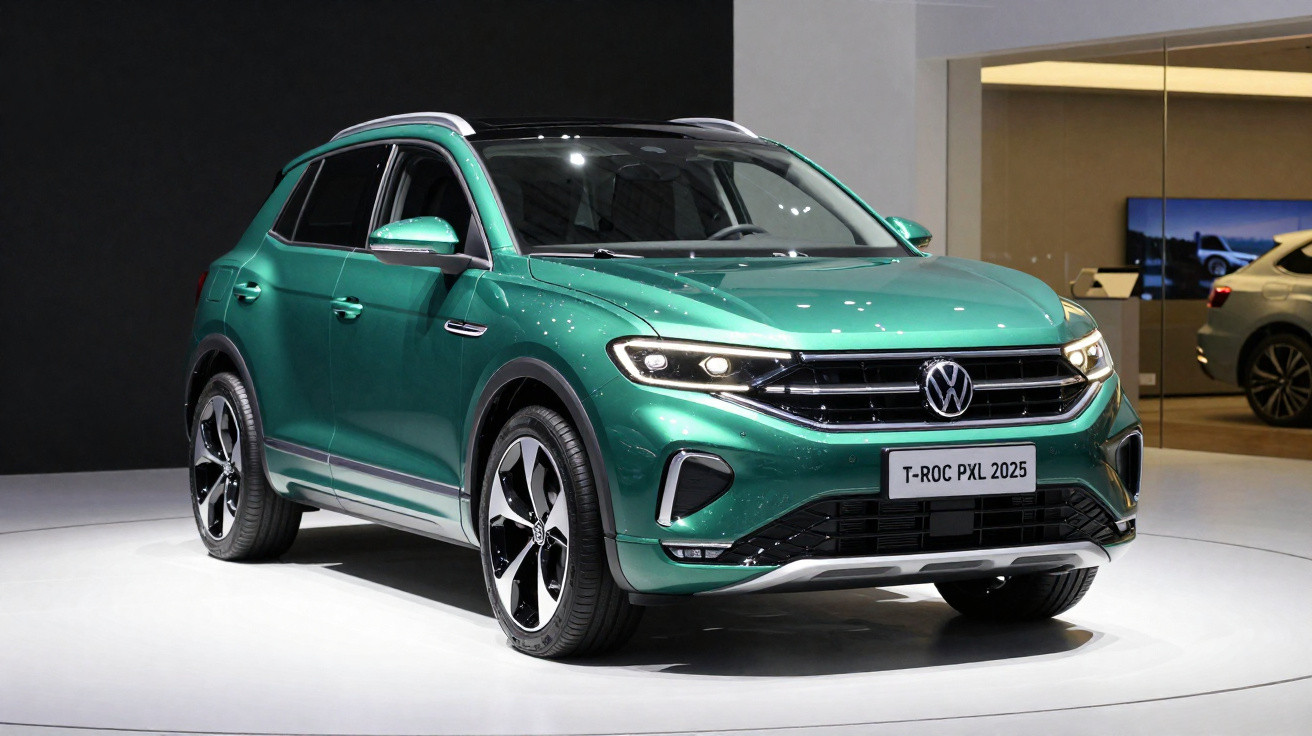 SUV Volkswagen T-Roc PXL 2025 verde exibido em ambiente interno com iluminação branca.