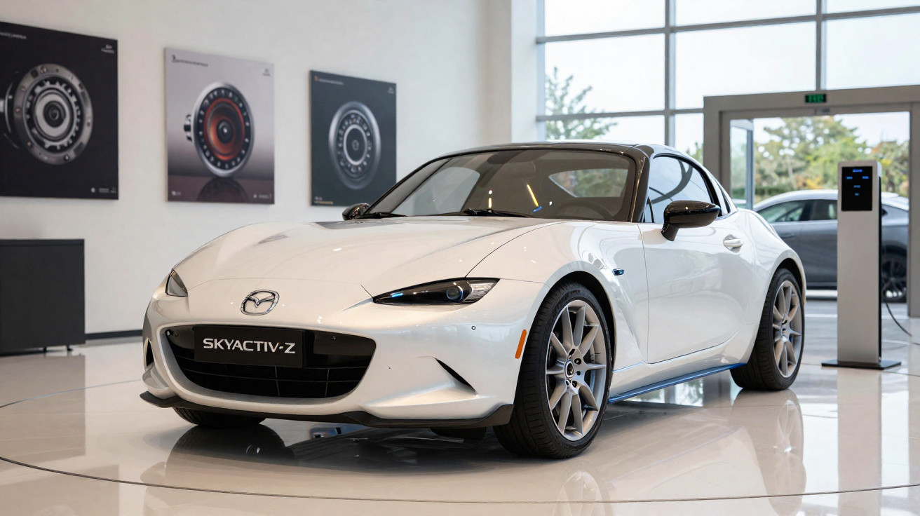 Carro esportivo branco Mazda Skyactiv-Z exibido em showroom moderno com portas de vidro ao fundo.