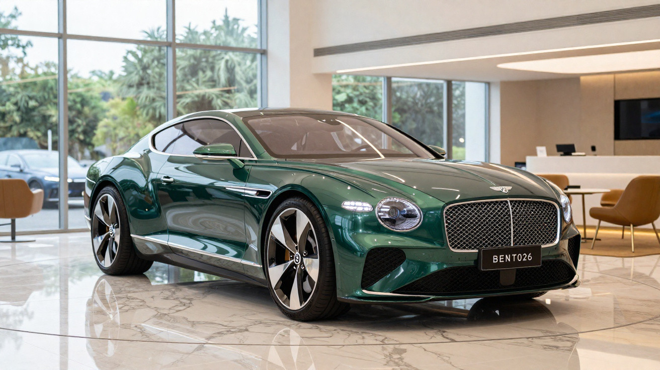 Carro esportivo Bentley verde metálico exibido em showroom elegante com piso de mármore e janelas amplas.