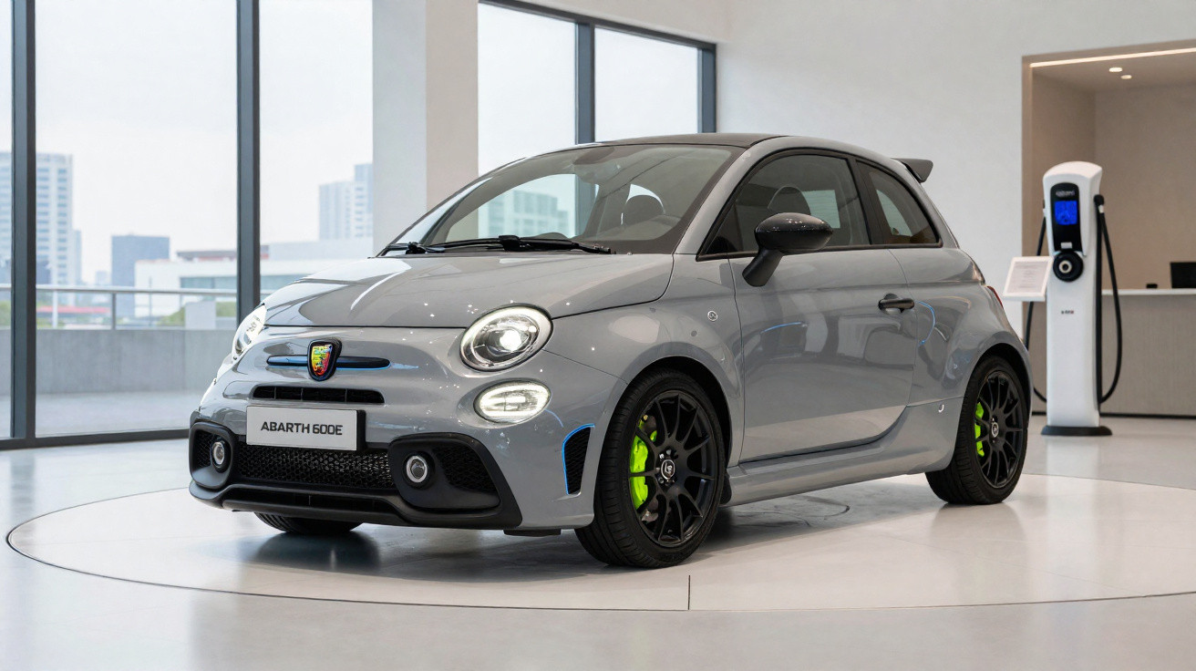 Carro elétrico cinza Abarth 600E em exposição interna com estação de recarga ao fundo.