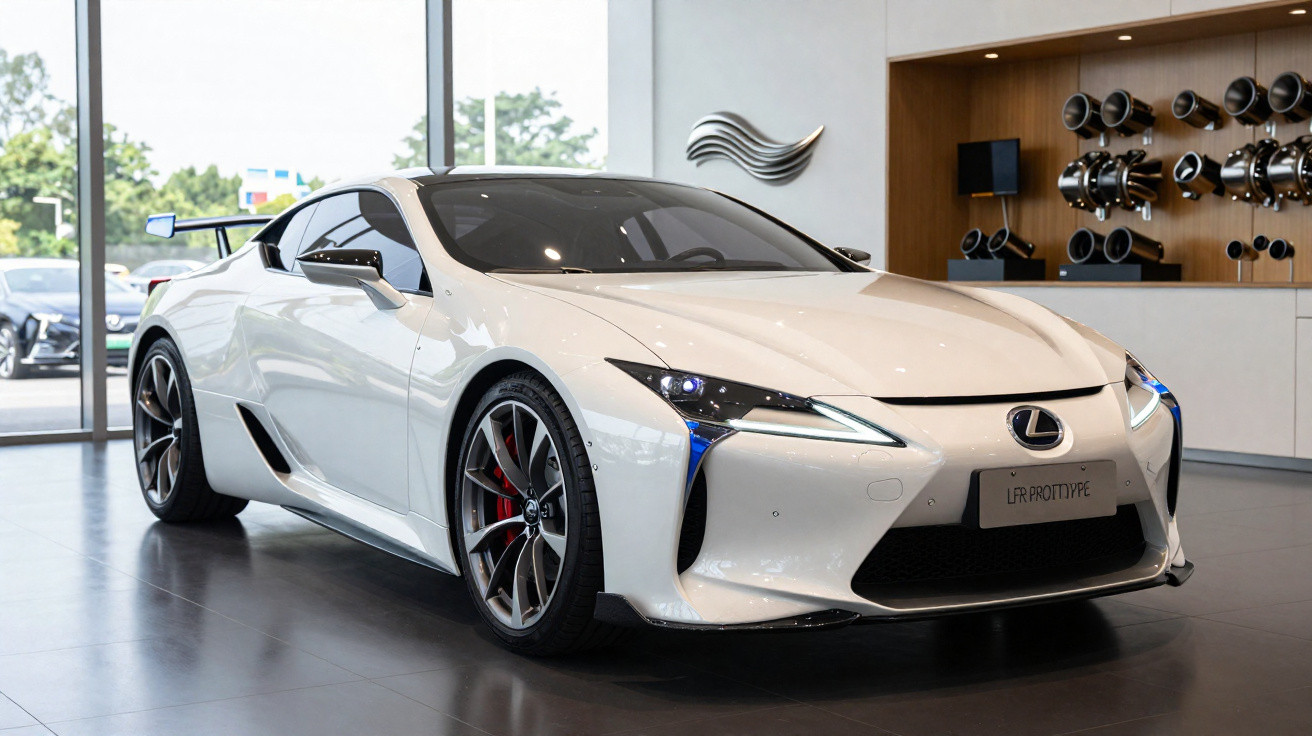Carro esportivo branco Lexus LFA Prototype em exposição dentro de showroom moderno e iluminado.
