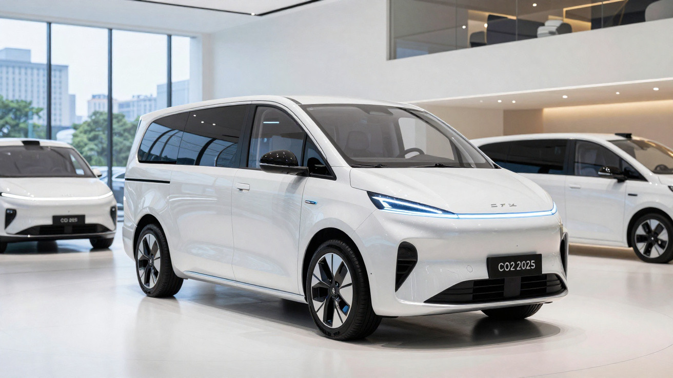 Carro elétrico branco moderno modelo van exposto em showroom com arquitetura clara e sofisticada.