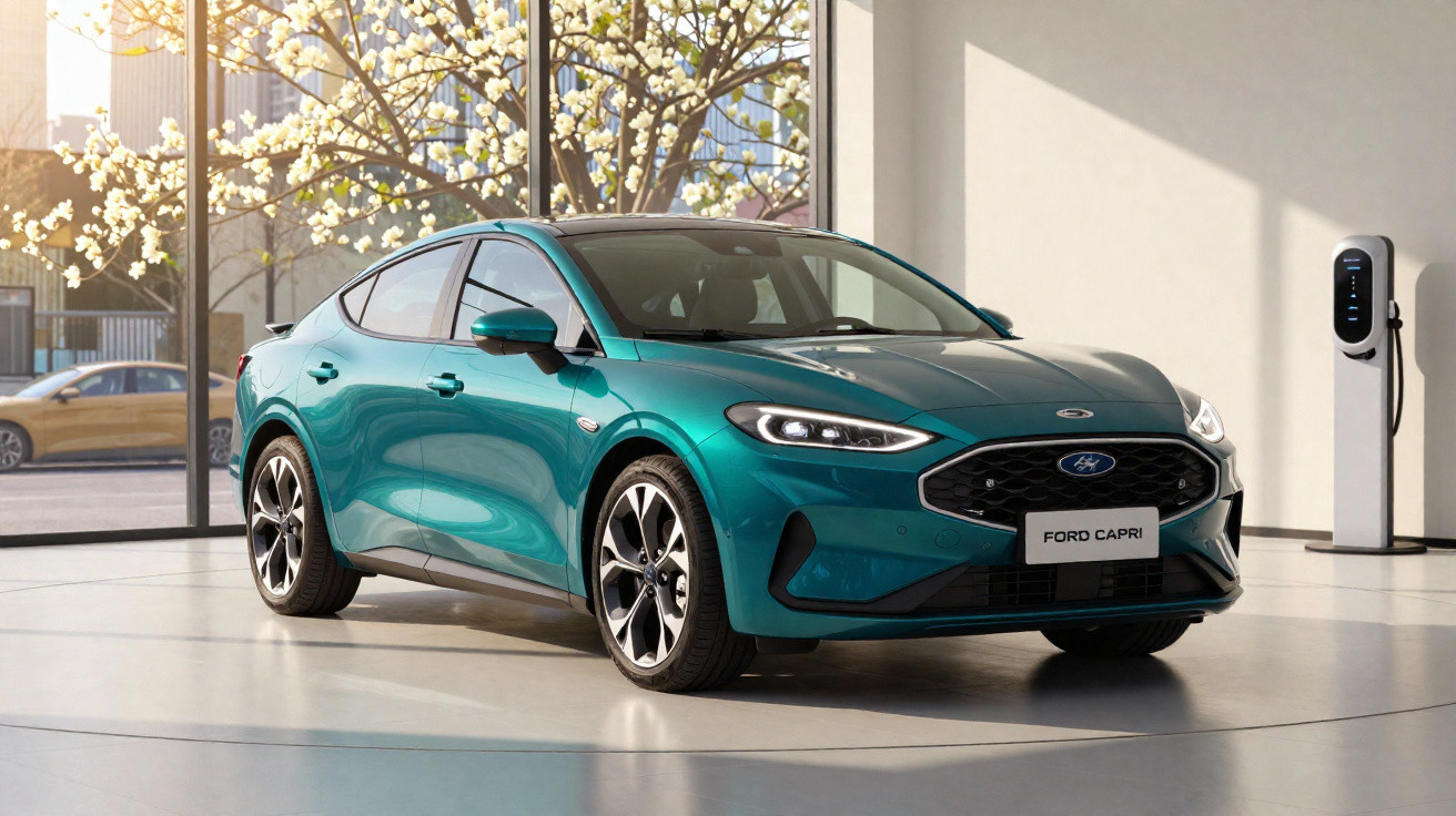 Carro elétrico Ford Capri azul exposto em ambiente interno moderno com carregador elétrico ao fundo.