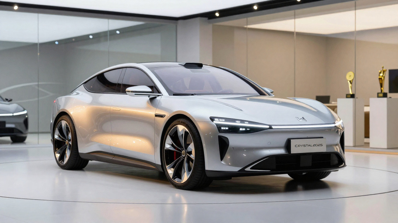 Carro esportivo elétrico prata estacionado em ambiente moderno com parede de vidro e troféus ao fundo.