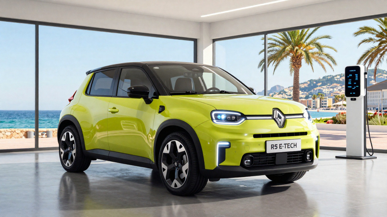 Carro elétrico Renault R5 E-Tech amarelo em estação de recarga com vista para o mar.